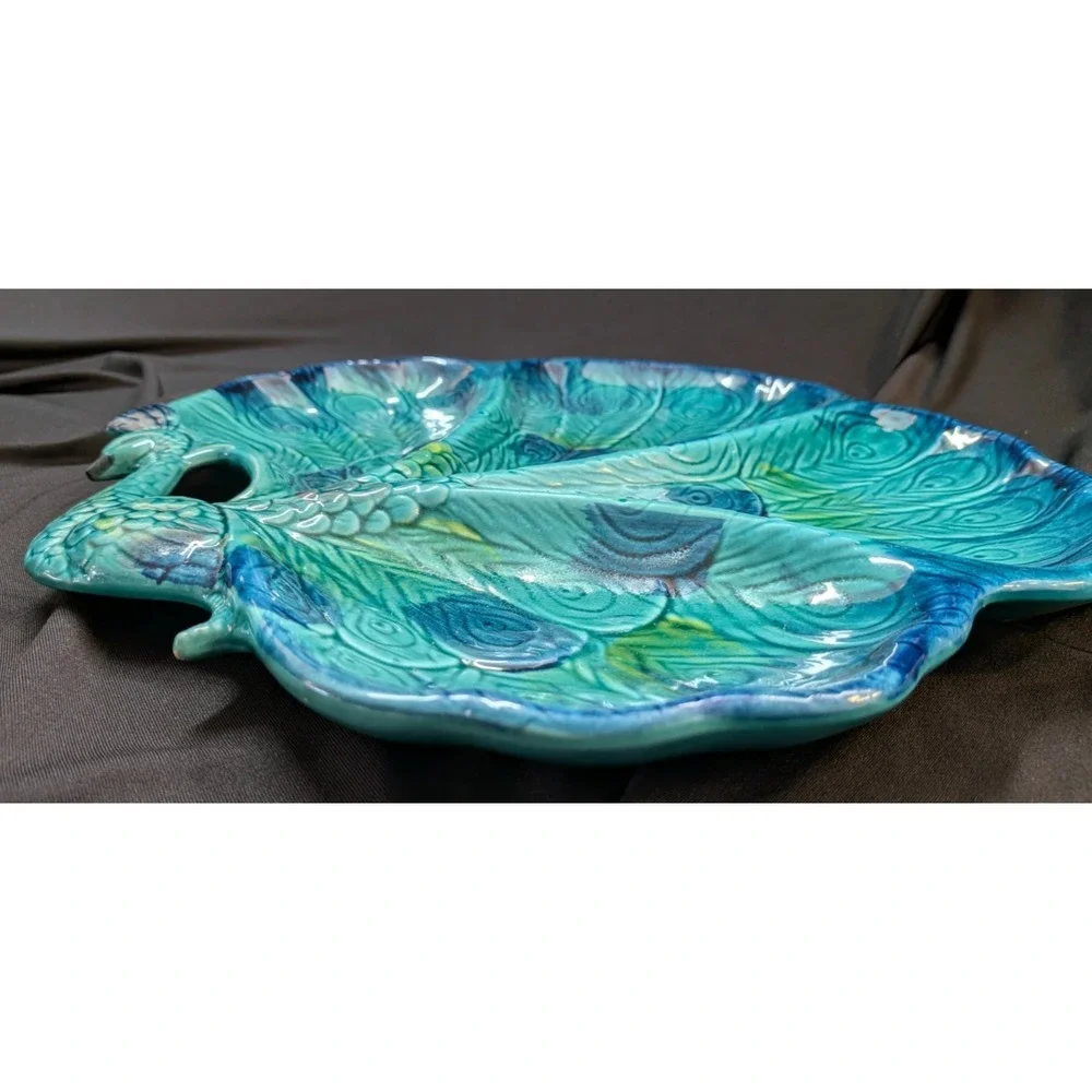 VTG 1970's Enesco Peacock Ceramic Divided Serving Platter E-8275 Japan Pristine
